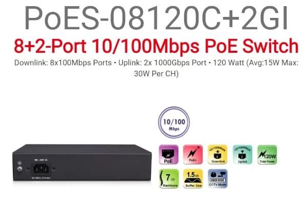 PoE Provision PoES-08120C+2GI 8 יציאות 10/100 + 2 Uplink Gigabit