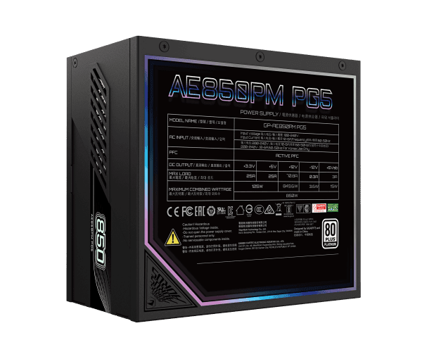 Gigabyte Power supply AORUS ELITE P850W 80 Plus Platinum Modular PCIe 5.0 850W 80+ Platinum — Preview 3