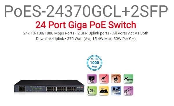 Provison 24 PORT POE SWITCH 2XSFP UPLINK PORTS 380W Total